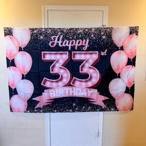 Happy 33rd Birthday Pink Black Birthday Party Banner Backdrop 4 Metal Grommets